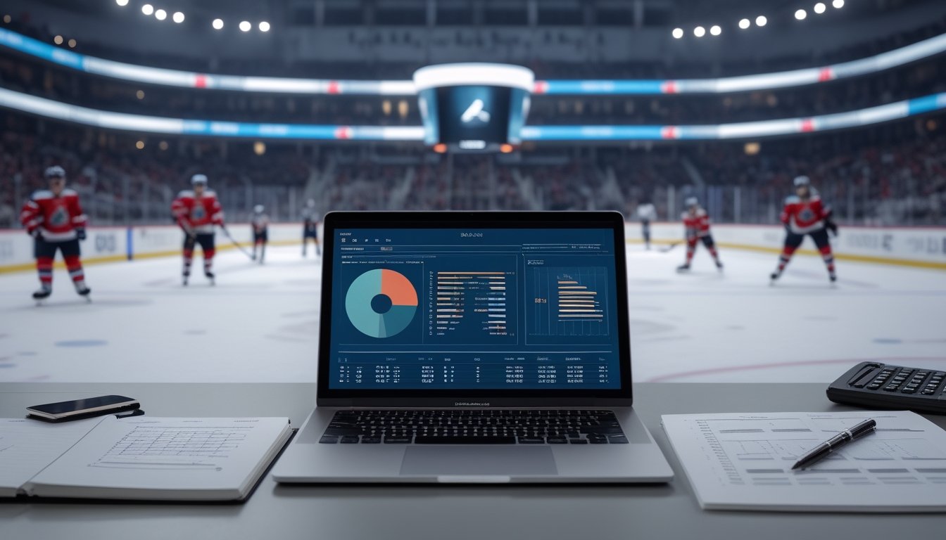 Meja analisis dengan laptop dan kalkulator di depan pertandingan hoki es yang berlangsung di arena.