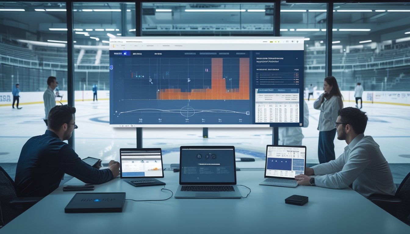 Analis sedang mempelajari data statistik hoki es di ruang kerja modern dengan arena hoki terlihat di latar belakang.