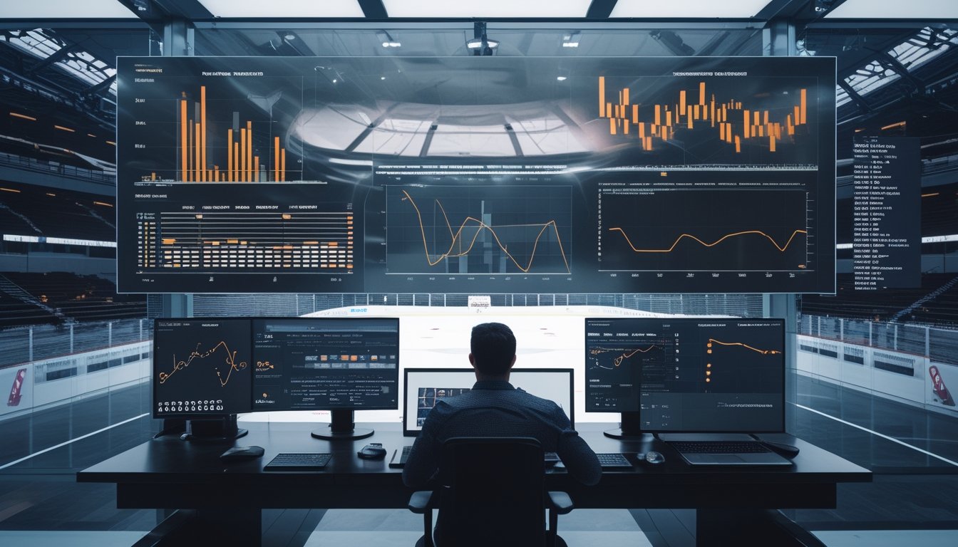 Analis olahraga meninjau grafik statistik hoki dan visualisasi data di beberapa layar.
