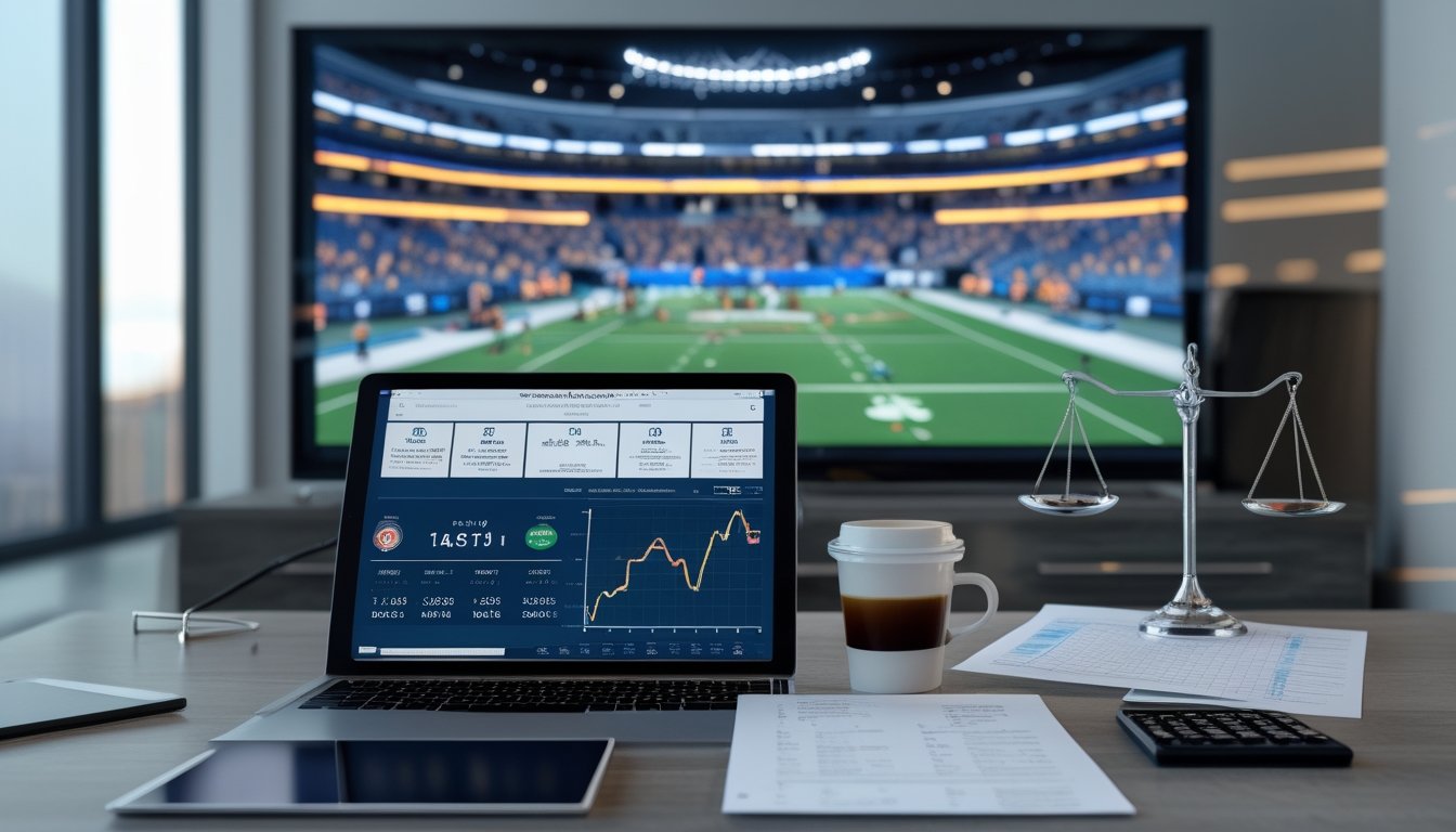 Meja analisis dengan laptop berisi grafik pertandingan dan layar televisi yang menampilkan laga playoff di arena olahraga.