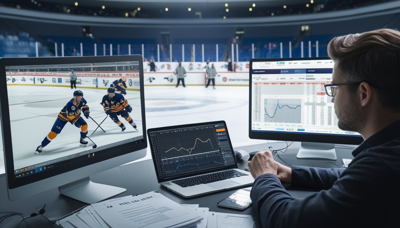Seorang analis mempelajari statistik pertandingan hoki es antara dua tim rival di ruang kerja modern.
