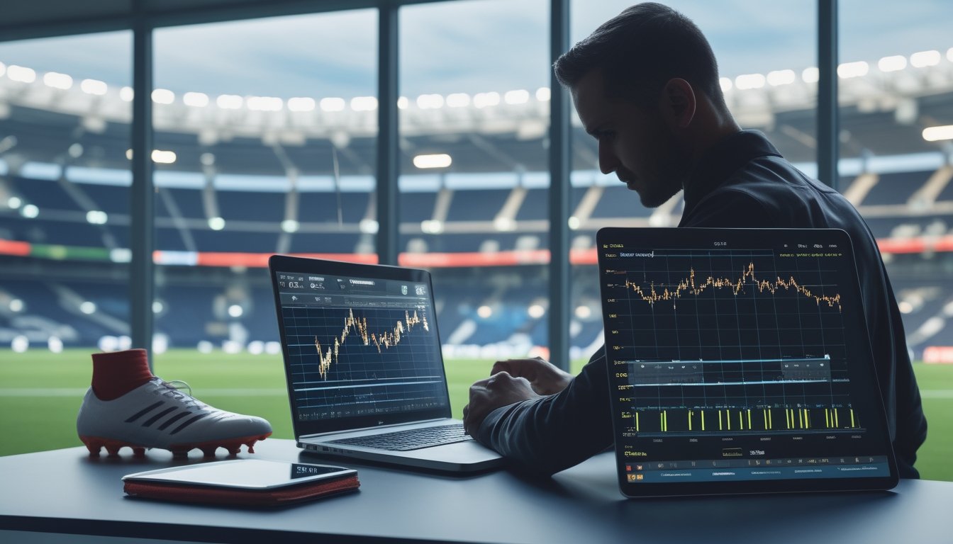 Analis olahraga memeriksa grafik perubahan odds di dekat perlengkapan pemain yang cedera, dengan stadion sepak bola di latar belakang.