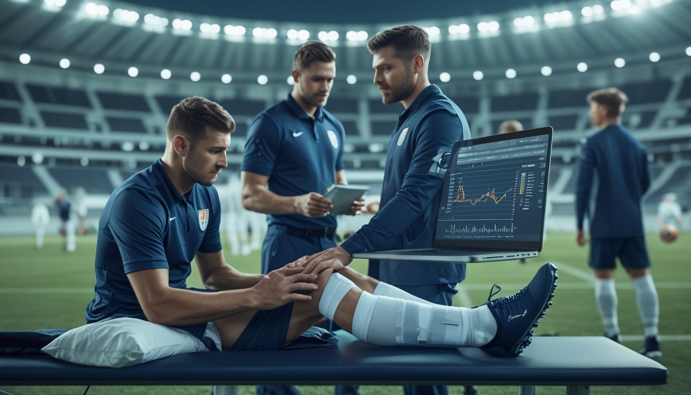 Pemain sepak bola yang cedera mendapat perawatan di pinggir lapangan sementara pelatih dan analis meninjau data pertandingan.
