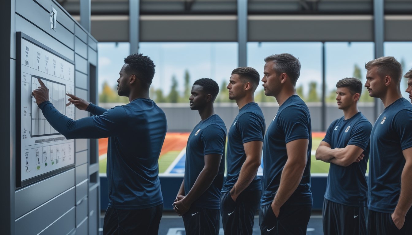 Tim olahraga yang dianggap underdog sedang menganalisis strategi bersama pelatih sebelum pertandingan.