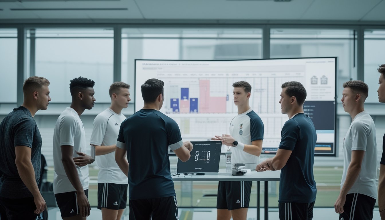 Pelatih dan para atlet menganalisis strategi pertandingan bersama di ruang persiapan olahraga.
