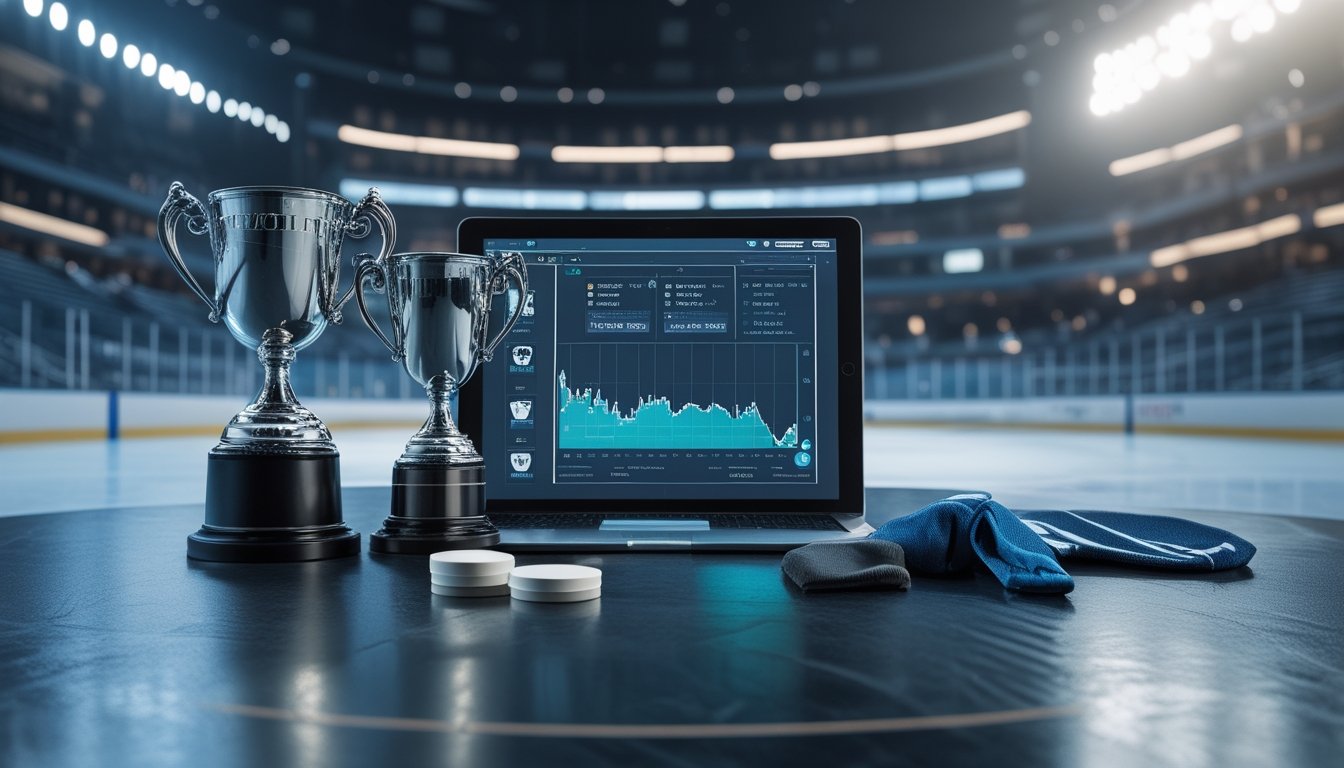 Dua trofi hoki generik dipajang di arena es bersama perlengkapan pemain bertahan, perlengkapan penjaga gawang, dan tablet berisi grafik abstrak.