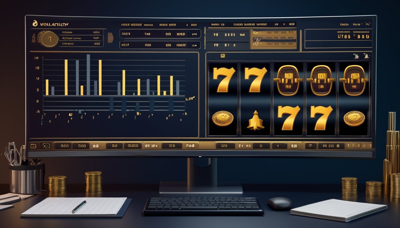 Meja kerja analisis dengan monitor berisi grafik volatilitas dan mesin slot generik bertema angka tujuh.