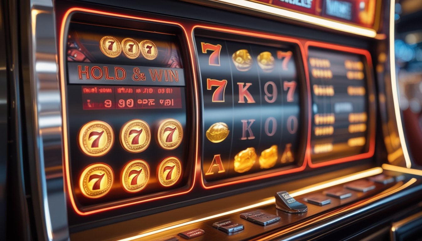 Mesin slot modern menampilkan simbol tujuh merah, koin bercahaya, dan area bonus hold-and-win dalam suasana kasino.