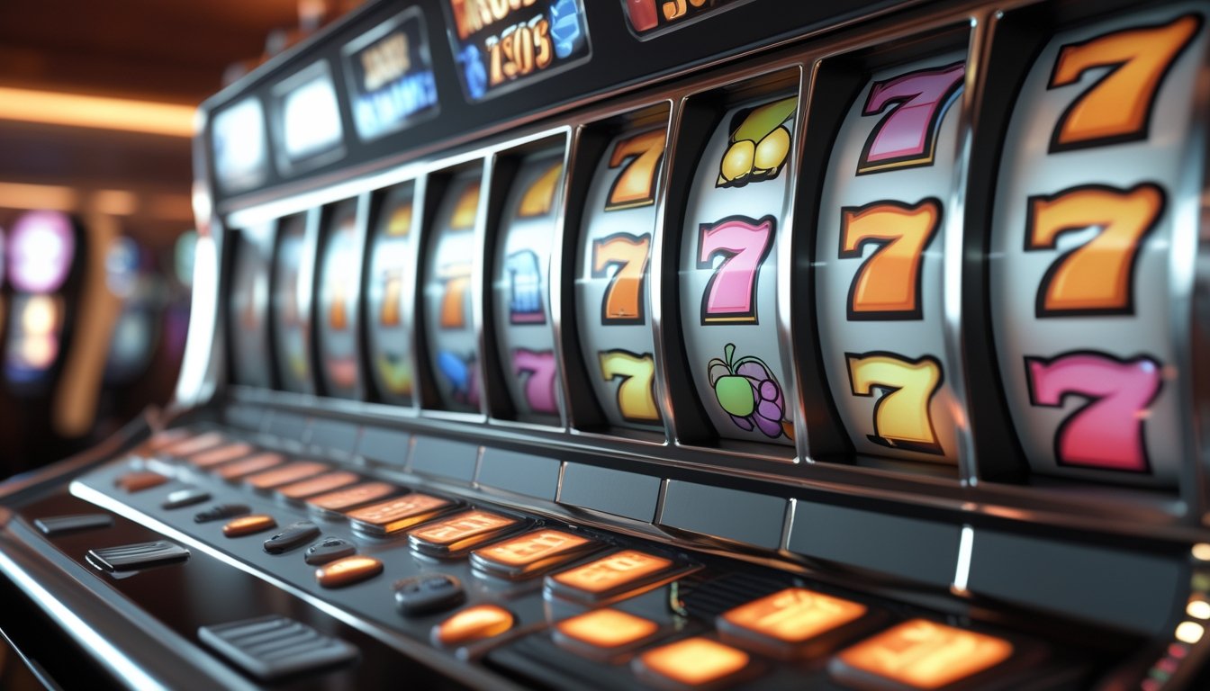 Mesin slot modern menampilkan simbol scatter, angka tujuh, buah, dan lonceng pada beberapa gulungan.