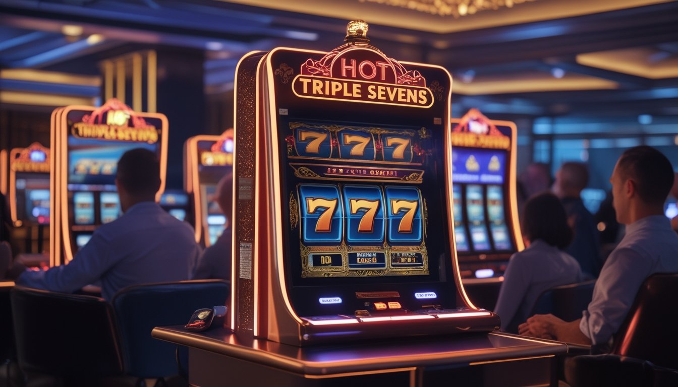 Sekelompok orang dewasa menikmati permainan mesin slot digital bertema tujuh merah di lounge kasino modern.
