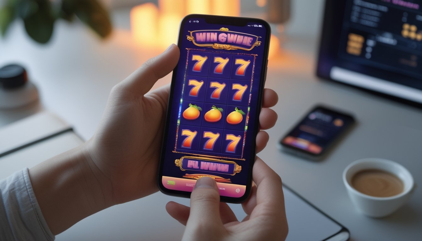 Seseorang memegang ponsel yang menampilkan permainan slot bertema tiga angka tujuh, dengan ponsel lain di dekatnya.