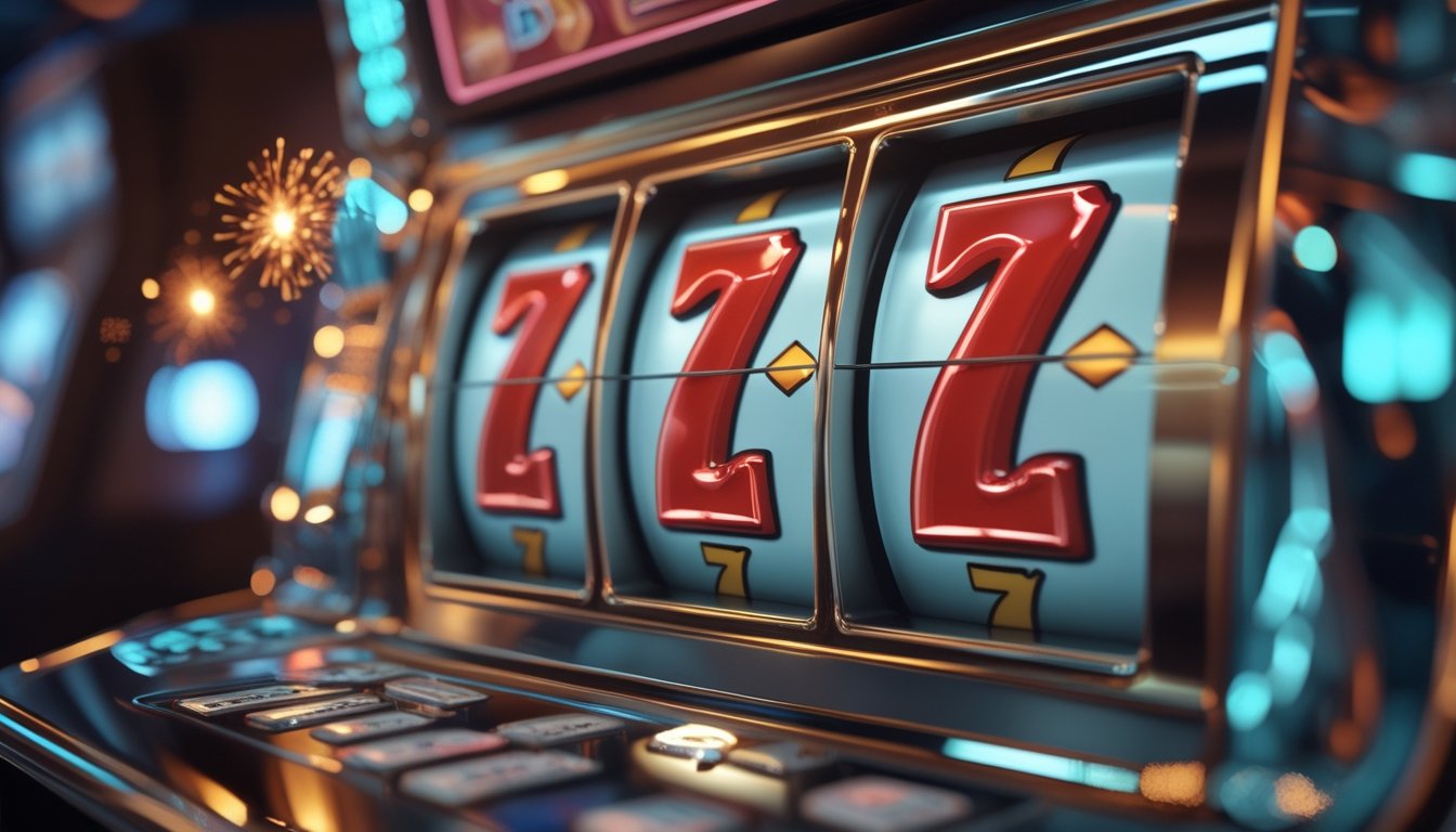 Mesin permainan slot modern dengan tiga simbol tujuh merah yang bercahaya di suasana kasino elegan.