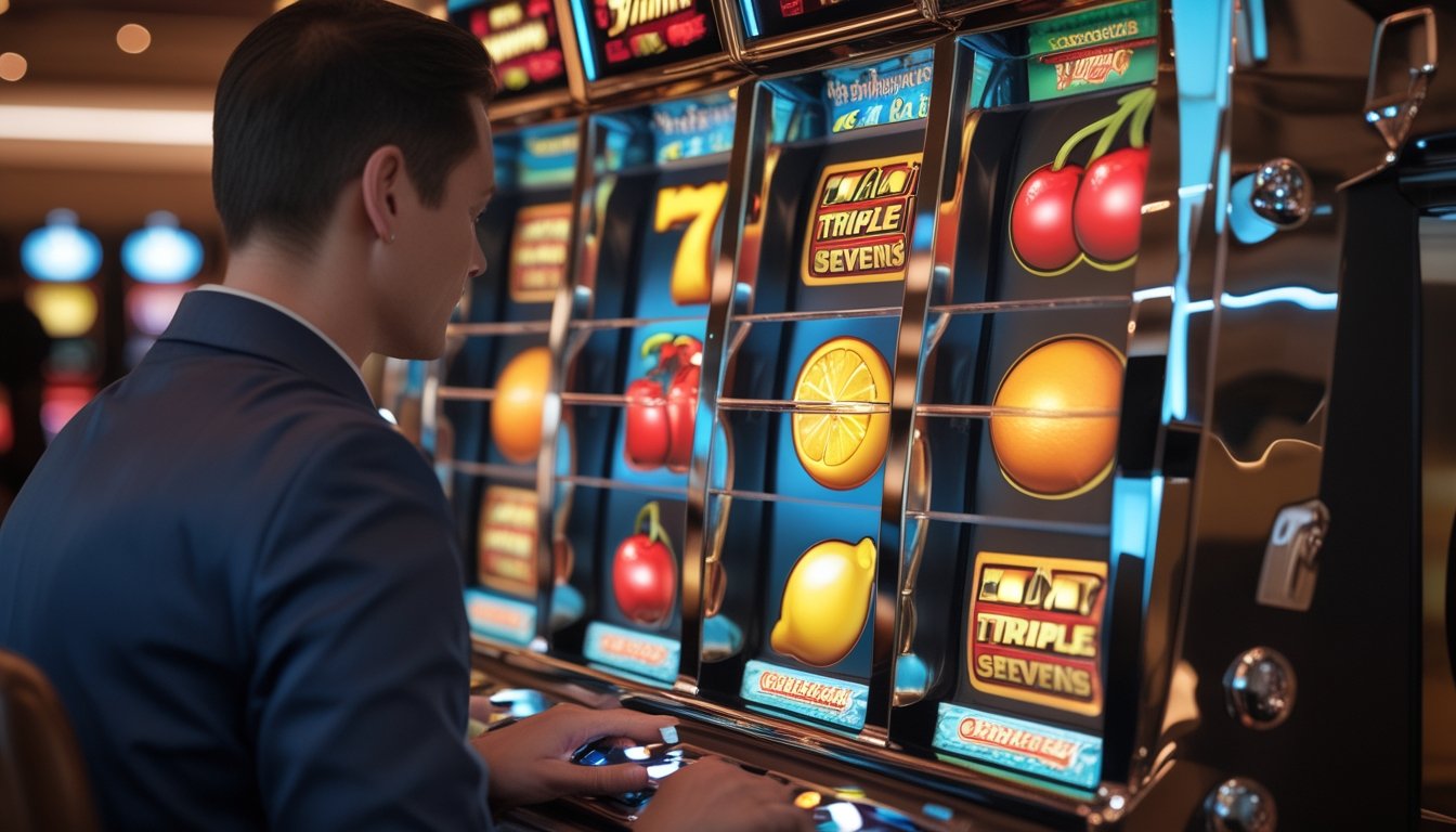 Pemain dewasa memainkan mesin slot dengan tiga gulungan berisi simbol angka tujuh dan buah-buahan di suasana kasino.