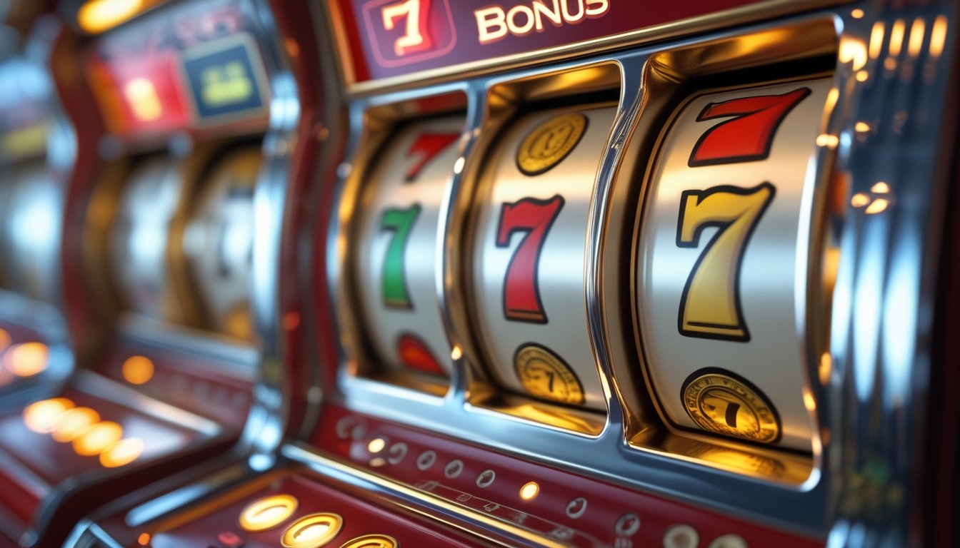 Mesin slot bergaya klasik dengan gulungan berisi simbol keberuntungan dan cahaya bonus di suasana kasino.