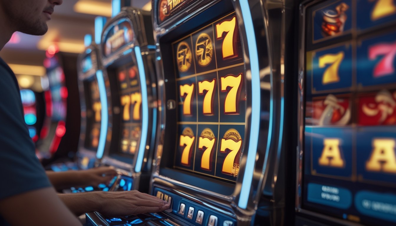 Pemain mengamati mesin slot dengan simbol tujuh dan ikon bonus yang bercahaya.