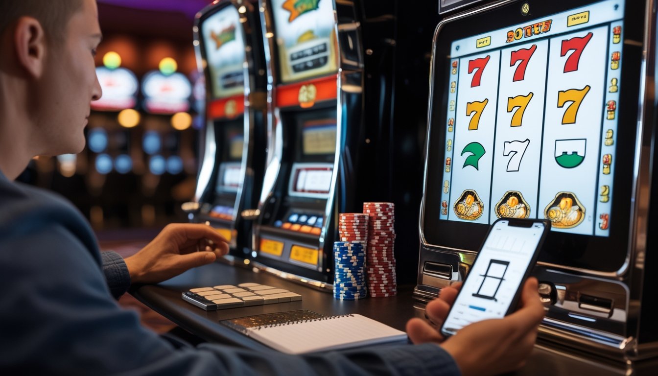 Seorang pemain dewasa menganalisis mesin slot triple sevens dengan modal kecil, kalkulator, catatan kosong, dan beberapa chip di suasana kasino.