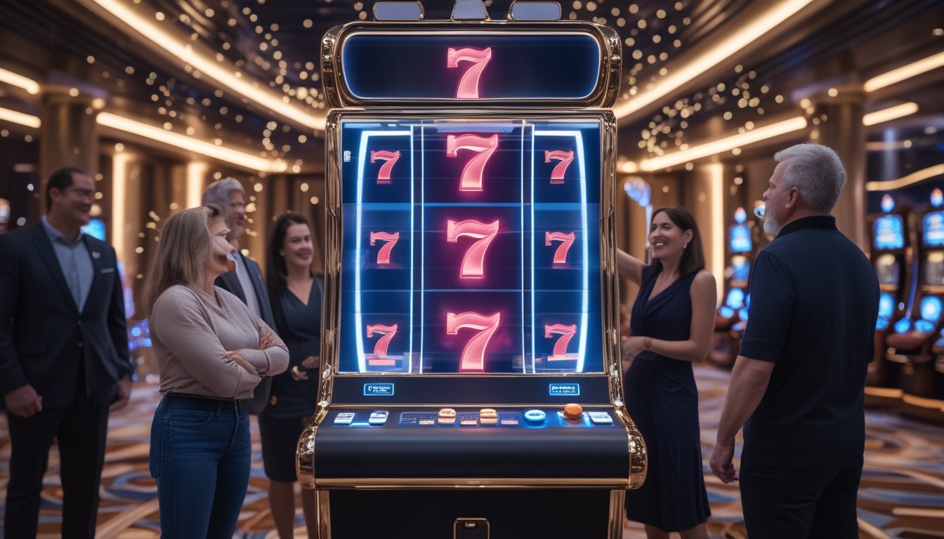 Suasana kasino modern dengan mesin slot bercahaya dan beberapa orang dewasa yang menyaksikannya dengan antusias.