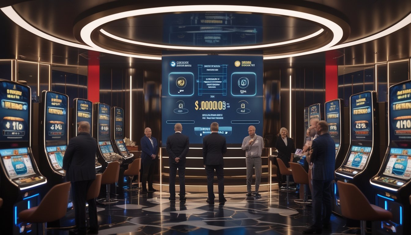 Peserta dan penyelenggara mengamati mesin slot serta tampilan status turnamen di kasino modern.