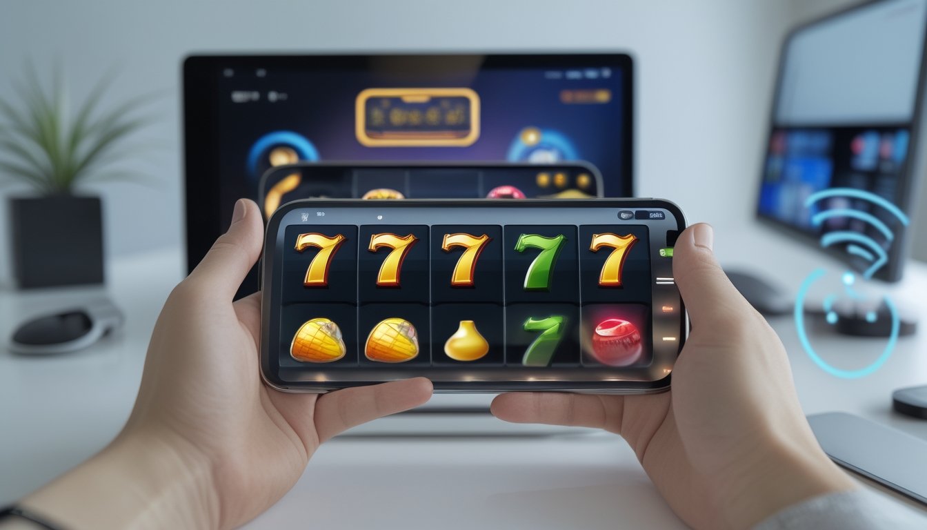 Seseorang memegang ponsel yang menampilkan permainan mesin slot demo dengan tiga angka tujuh berwarna emas.