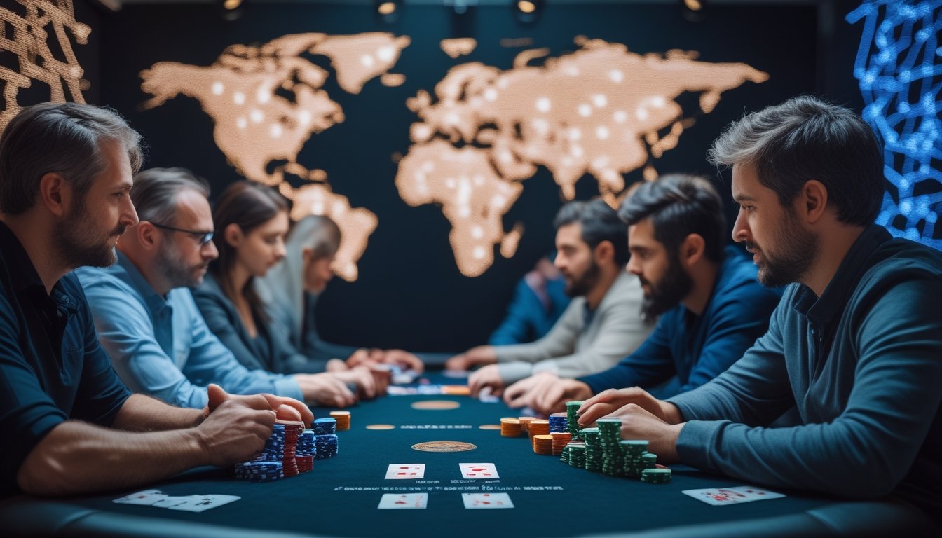 Sekelompok pemain dewasa dari berbagai latar belakang bermain poker di meja modern dengan kartu dan keping taruhan.