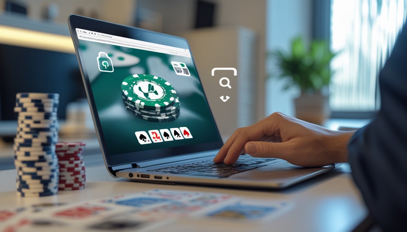 Seseorang memeriksa platform poker online di laptop dengan simbol keamanan, kartu, dan keping poker di meja.