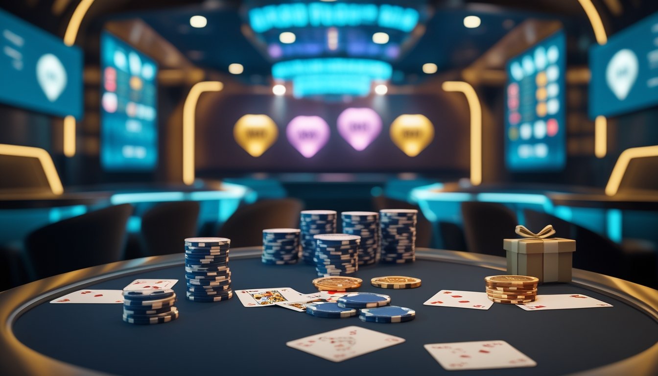 Meja poker modern dengan kartu, keping poker, dan simbol hadiah bonus dalam suasana digital elegan.