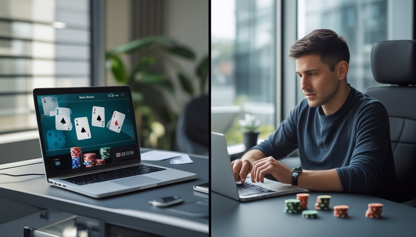 Seseorang bermain poker online melalui laptop dengan kartu dan keping poker di meja, menunjukkan manfaat dan risiko permainan.