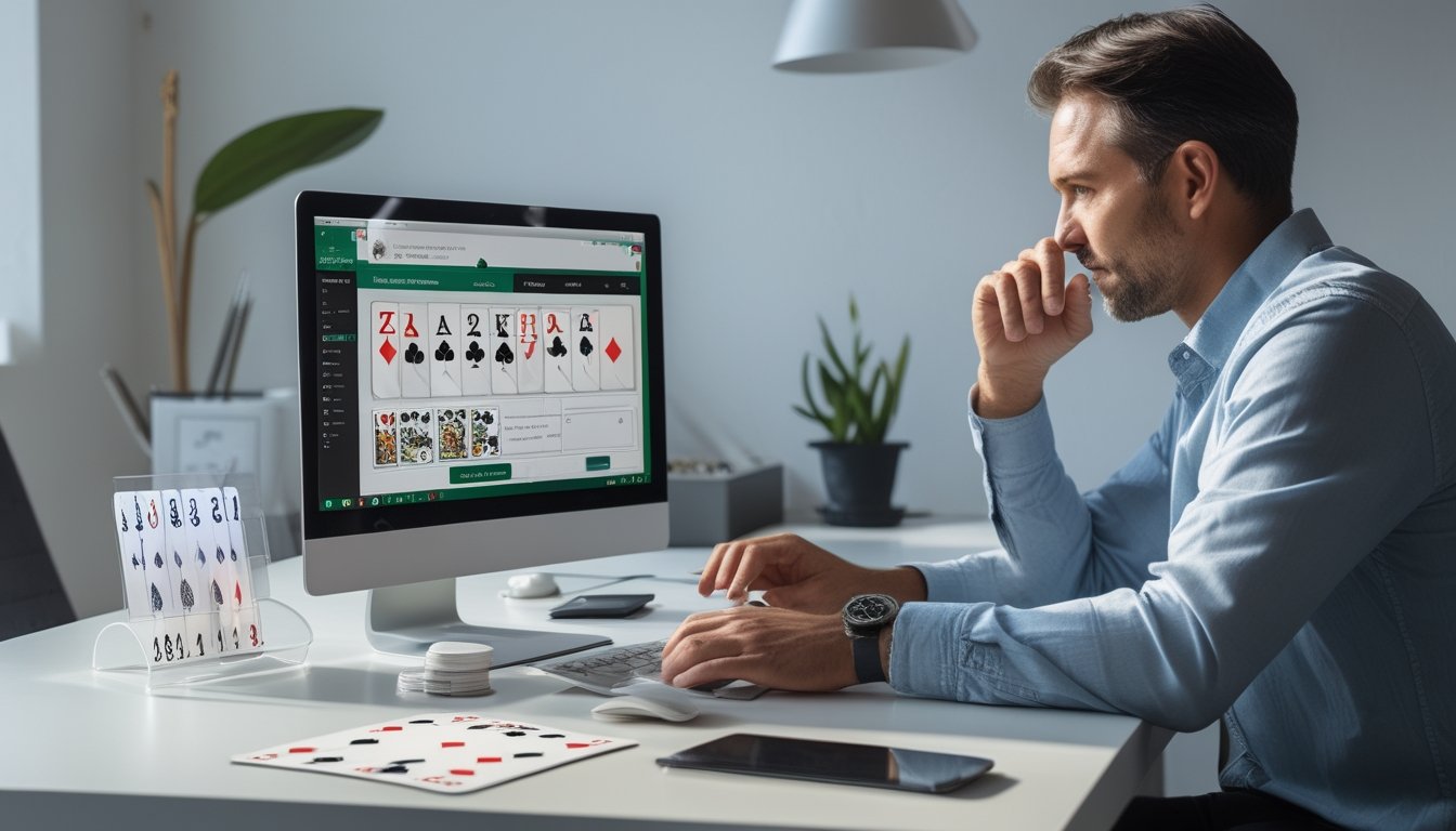 Pemain dewasa fokus bermain poker online melalui laptop dengan kartu dan chip di meja.