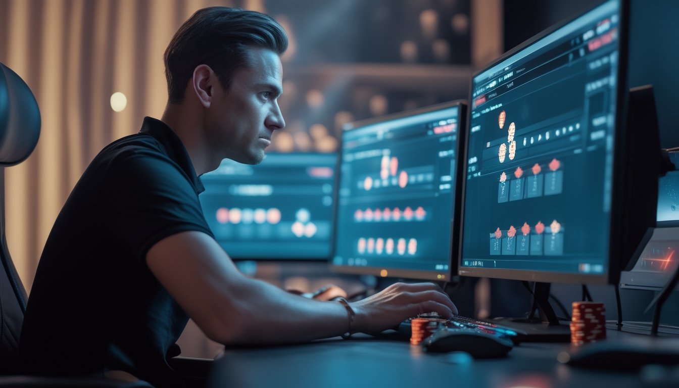 Pemain poker online tampak fokus mengamati permainan di depan beberapa monitor.