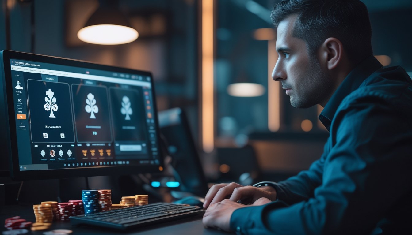 Pemain poker menganalisis permainan online di laptop dengan kartu dan keping poker di meja.