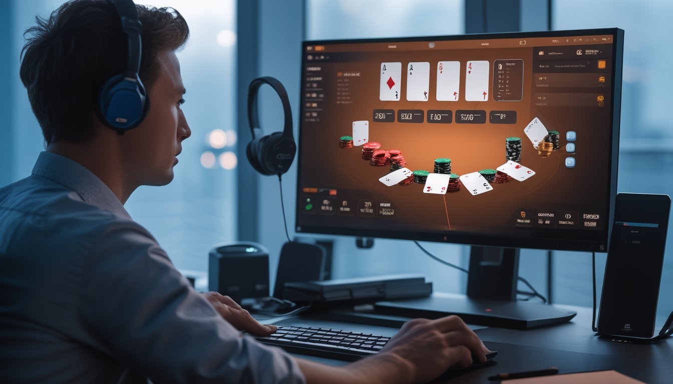 Pemain poker fokus mempelajari meja poker digital dengan tumpukan chip kecil di ruang kerja modern.