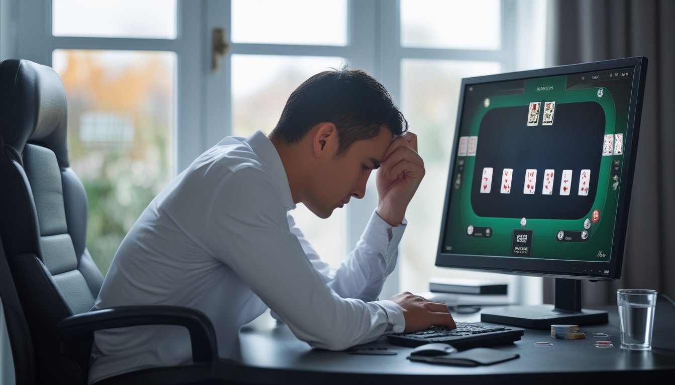 Seorang pemain poker online duduk tenang di depan komputer setelah mengalami kekalahan.