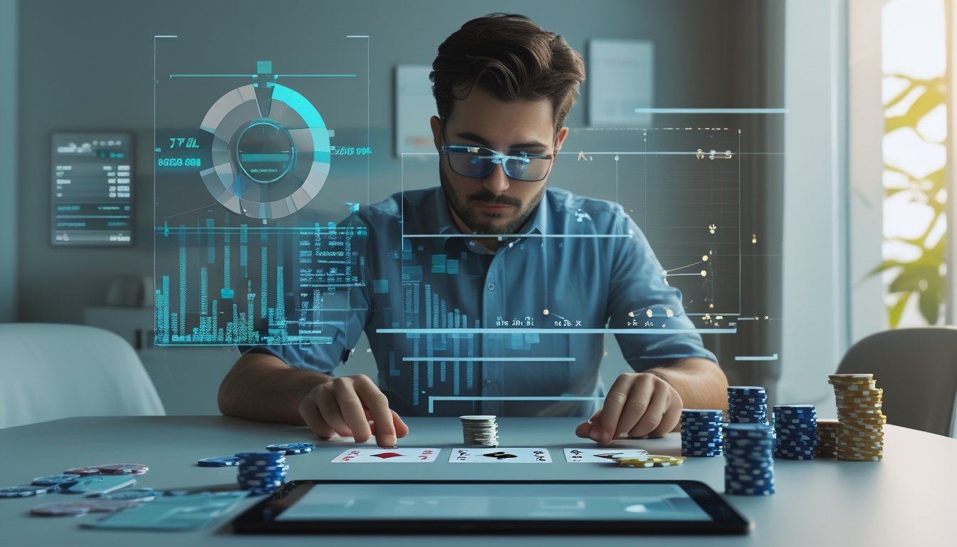 Seorang pemain poker menganalisis kartu, chip, kalkulator, dan diagram statistik di atas meja.