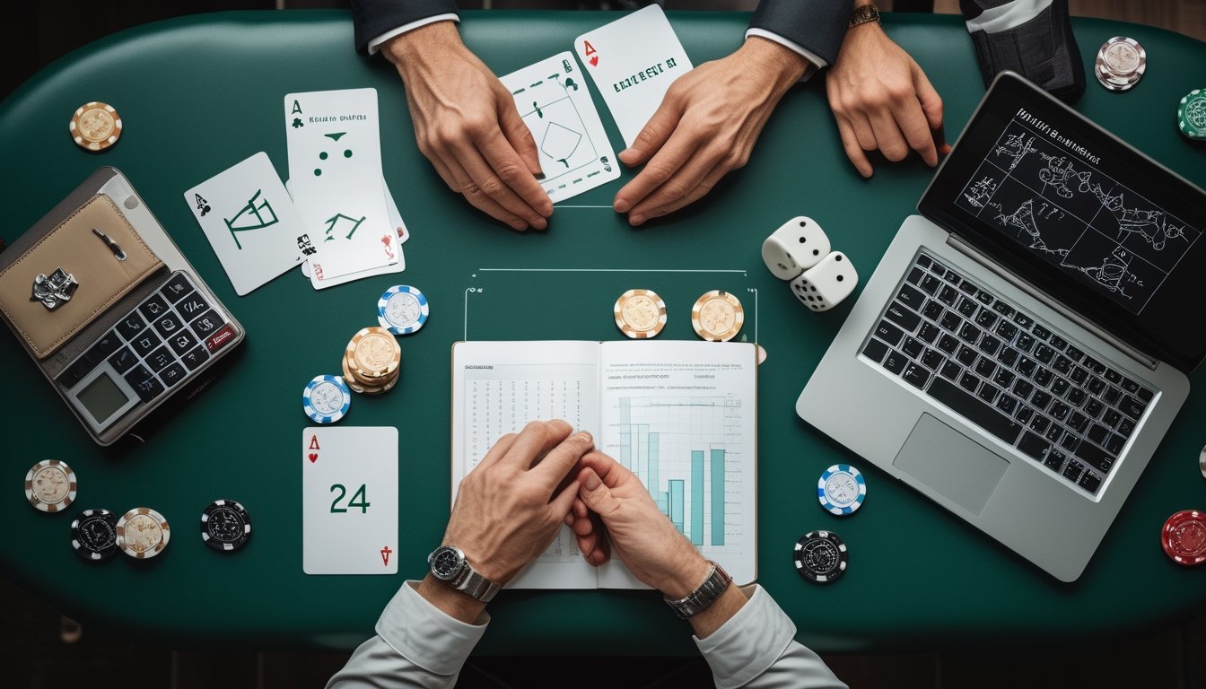 Meja belajar poker dengan kartu, keping poker, dadu, kalkulator, dan diagram probabilitas.
