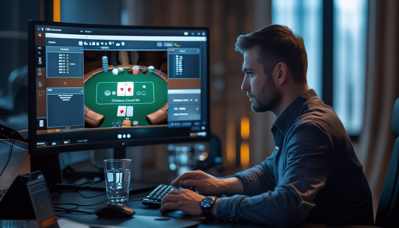 Seorang pemain poker online menganalisis kartu dan chip di depan komputer sebelum mengambil keputusan.