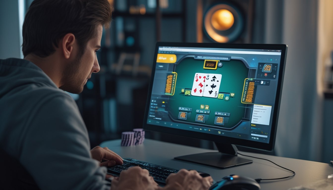 Pemain poker mempelajari layar laptop sambil mempertimbangkan keputusan all-in, dengan kartu dan keping poker di atas meja.
