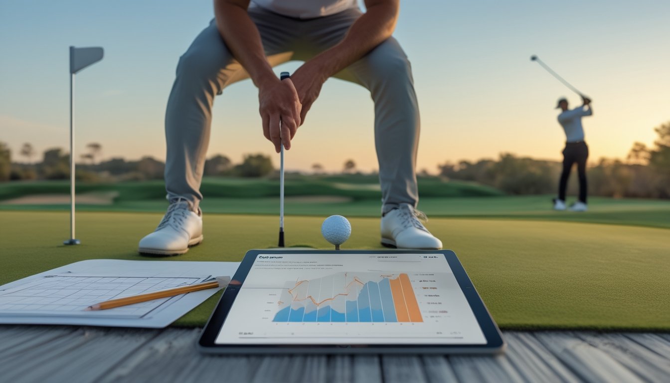 Seorang pemula mempelajari informasi taruhan olahraga di tablet di dekat lapangan golf.