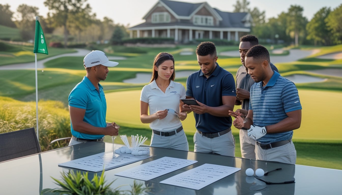 Pemula belajar menganalisis taruhan golf bersama instruktur di lapangan golf.
