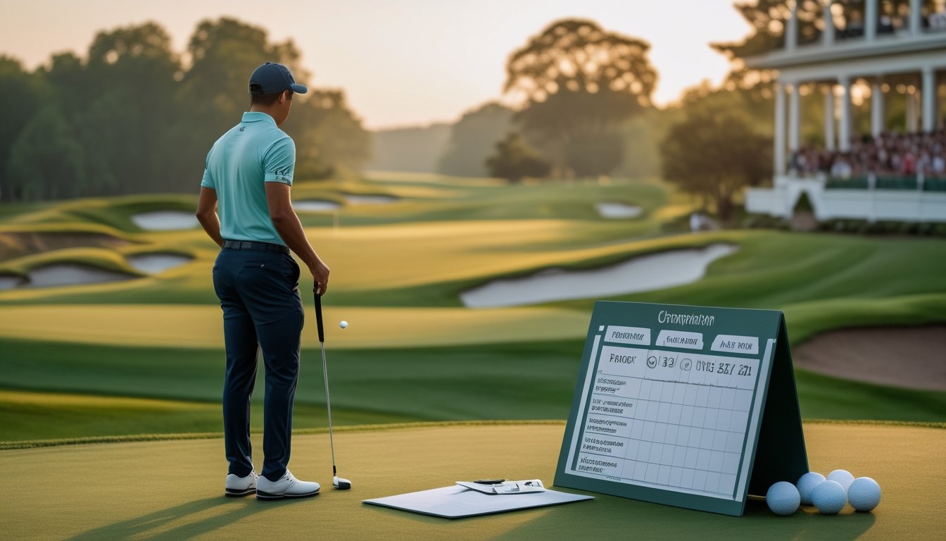 Pegolf profesional menganalisis lapangan turnamen besar dengan kartu skor dan perlengkapan golf di sekitarnya.