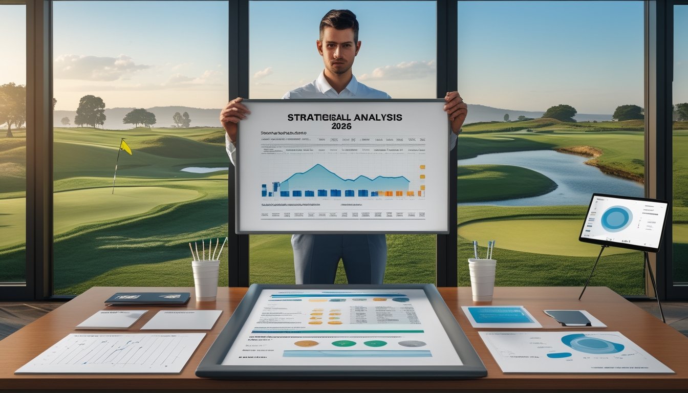Analis golf mempelajari peta lapangan dan data turnamen di dekat lapangan golf profesional.