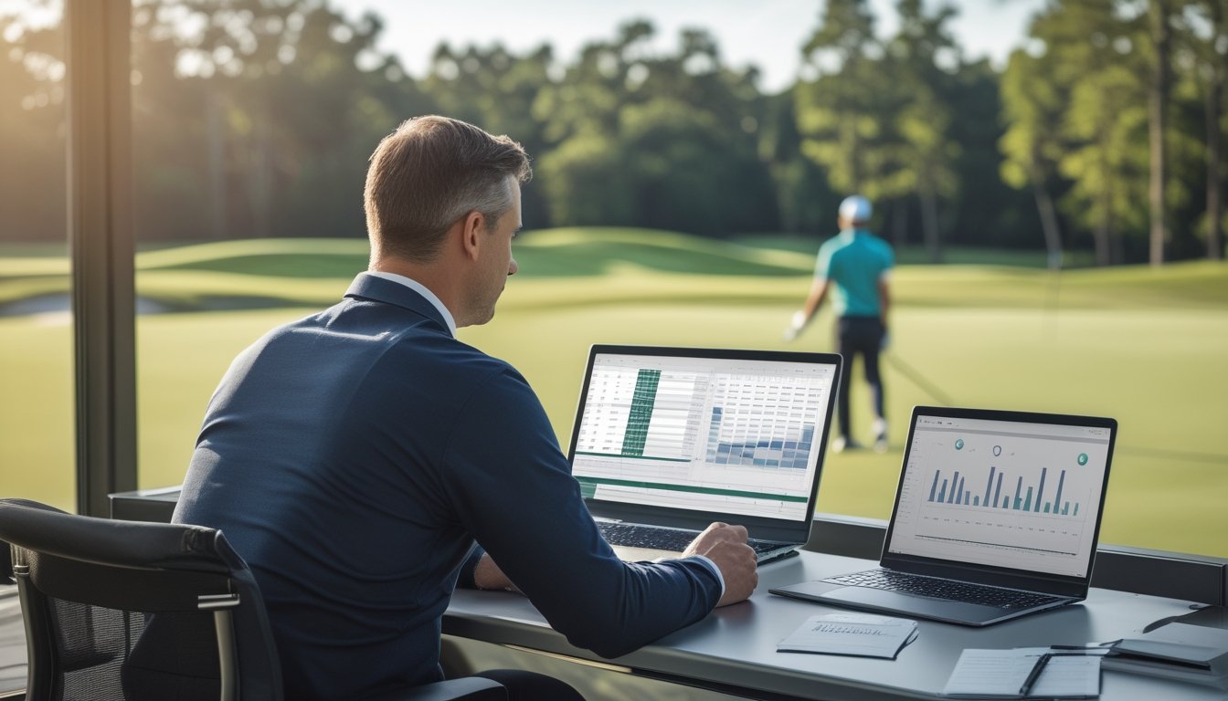 Seorang analis mempelajari statistik golf di meja kerja dengan lapangan golf dan pegolf terlihat di latar belakang.