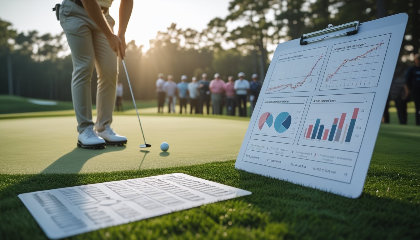 Pegolf profesional bersiap melakukan putt di lapangan turnamen dengan tablet berisi grafik statistik abstrak di dekatnya.