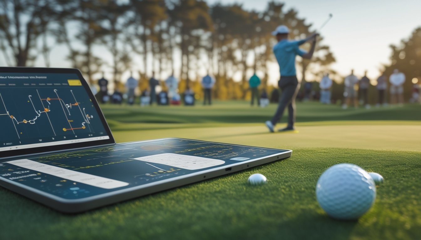 Pegolf profesional bersiap memukul bola di lapangan turnamen, sementara seorang analis meninjau data pertandingan di dekatnya.