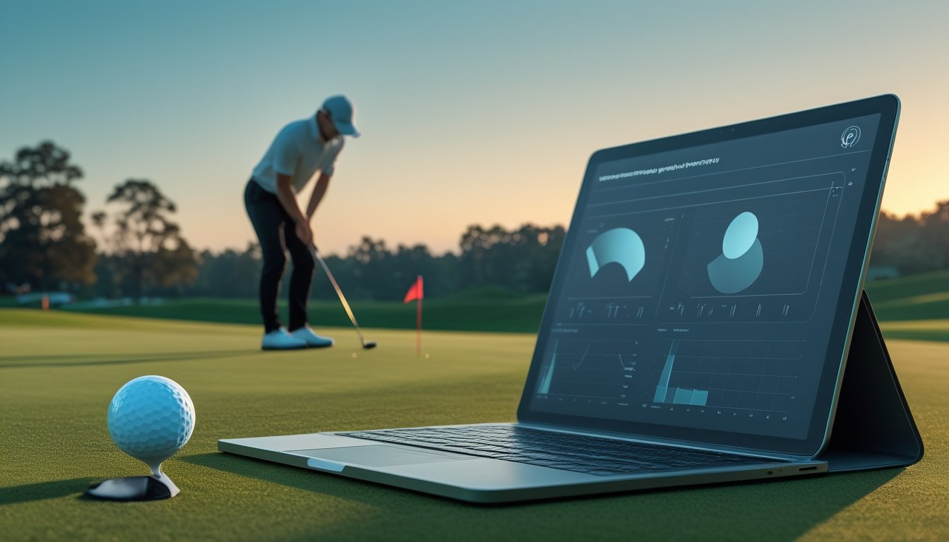 Pegolf profesional bersiap melakukan pukulan di lapangan golf dengan perangkat berisi grafik statistik yang tampak samar.