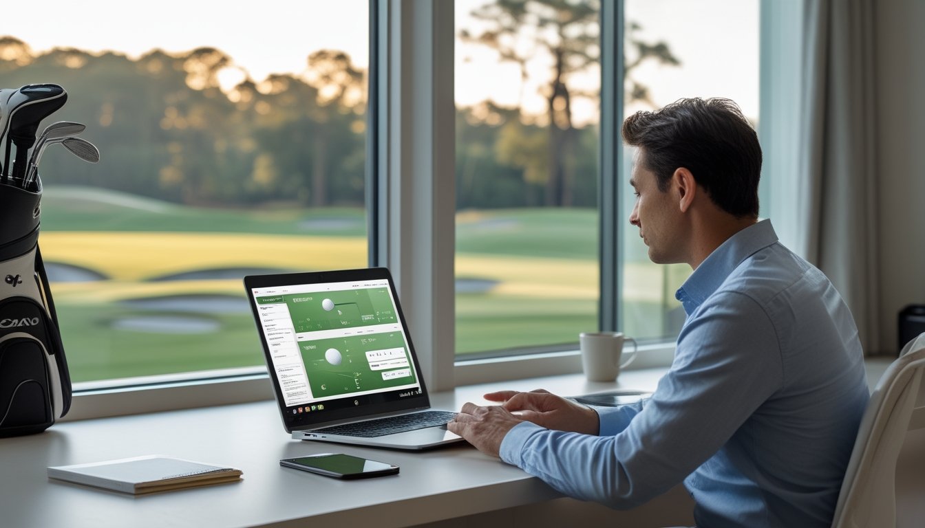 Seorang pegolf memeriksa laptop di meja kerja dengan latar lapangan golf.