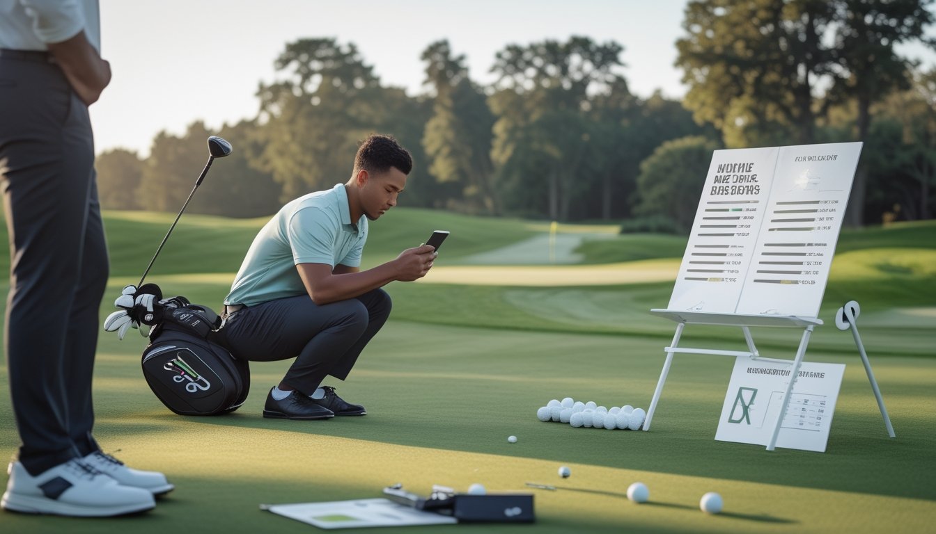 Pegolf memeriksa ponsel di lapangan golf sambil mempertimbangkan keputusan taruhan dengan hati-hati.