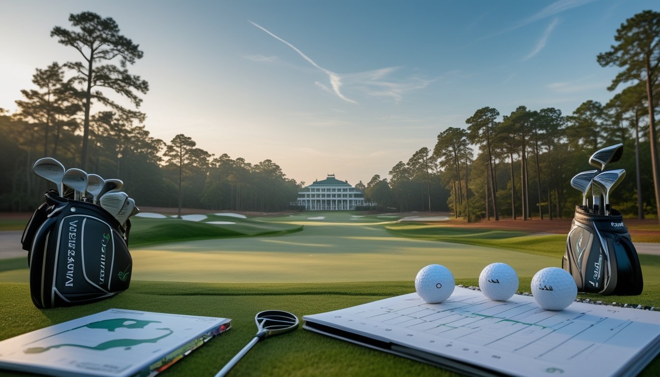 Lapangan golf Augusta National dengan pegolf profesional yang sedang menganalisis strategi turnamen.