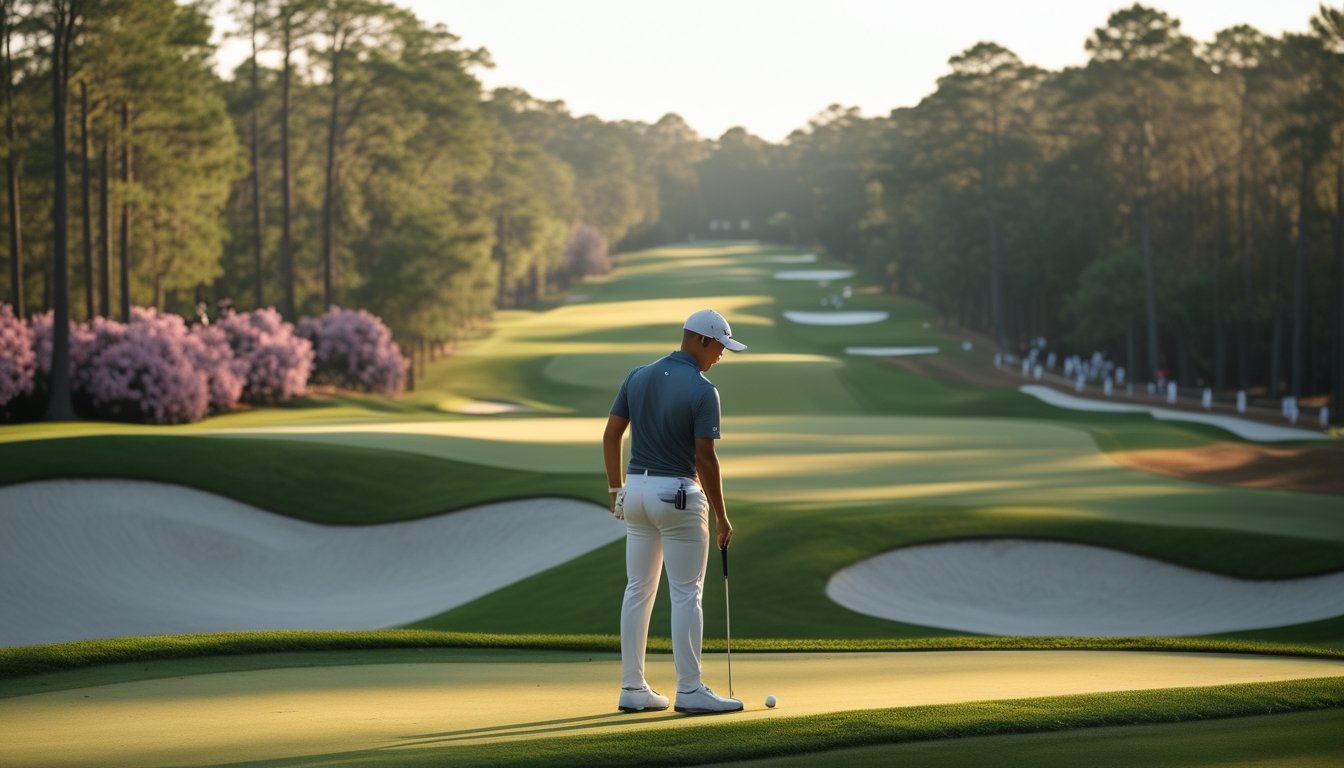 Pegolf profesional mempelajari kontur green di Augusta National yang dikelilingi pepohonan pinus, azalea, bunker pasir, dan penonton.