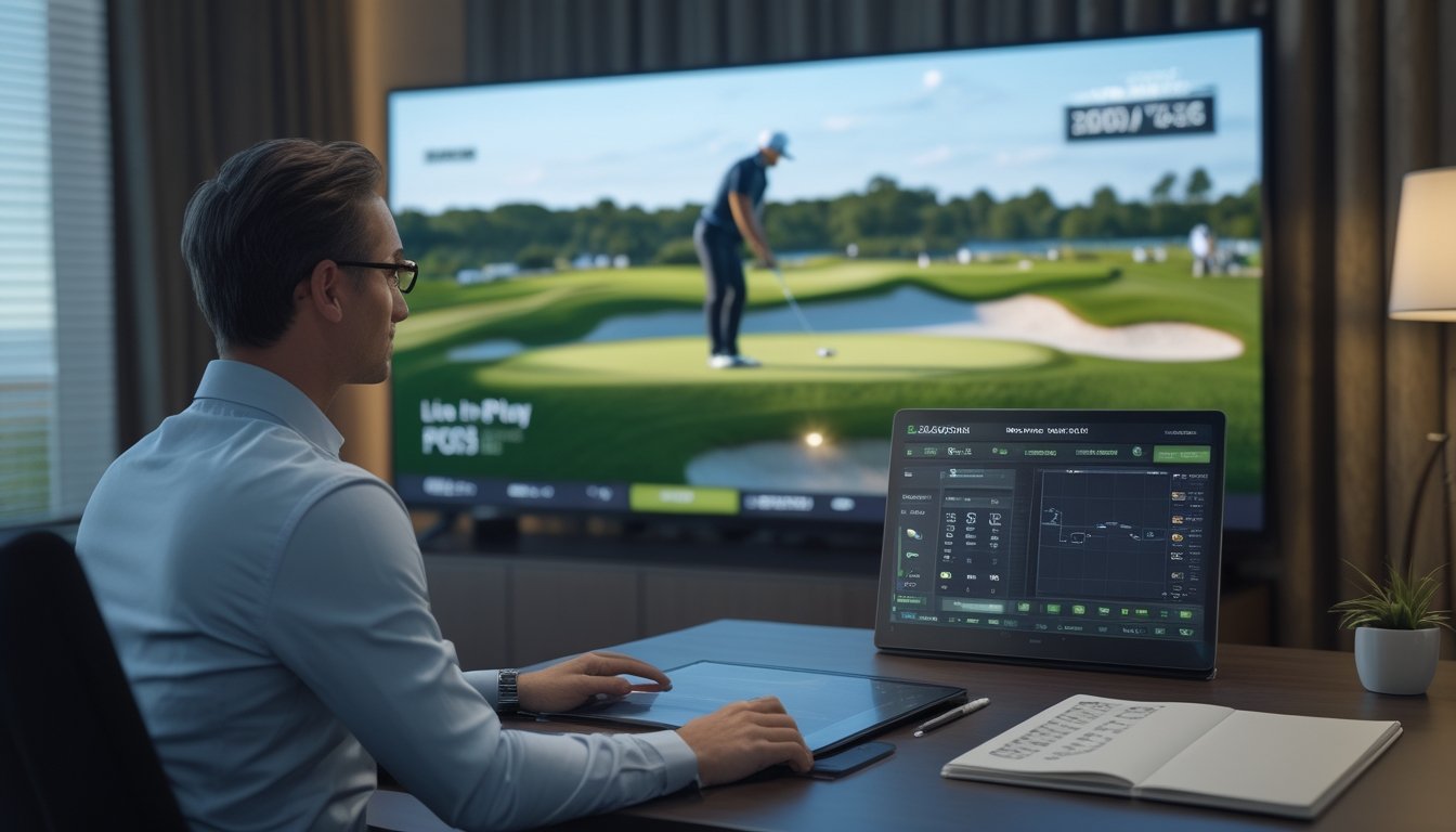 Penonton menganalisis turnamen golf PGA Tour secara langsung menggunakan laptop, tablet, dan catatan.