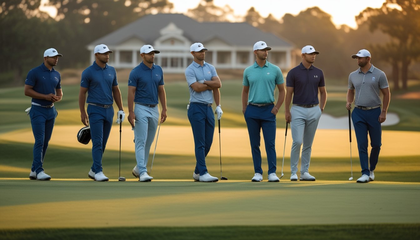 Sekelompok pegolf profesional berlatih di lapangan golf pada pagi hari.